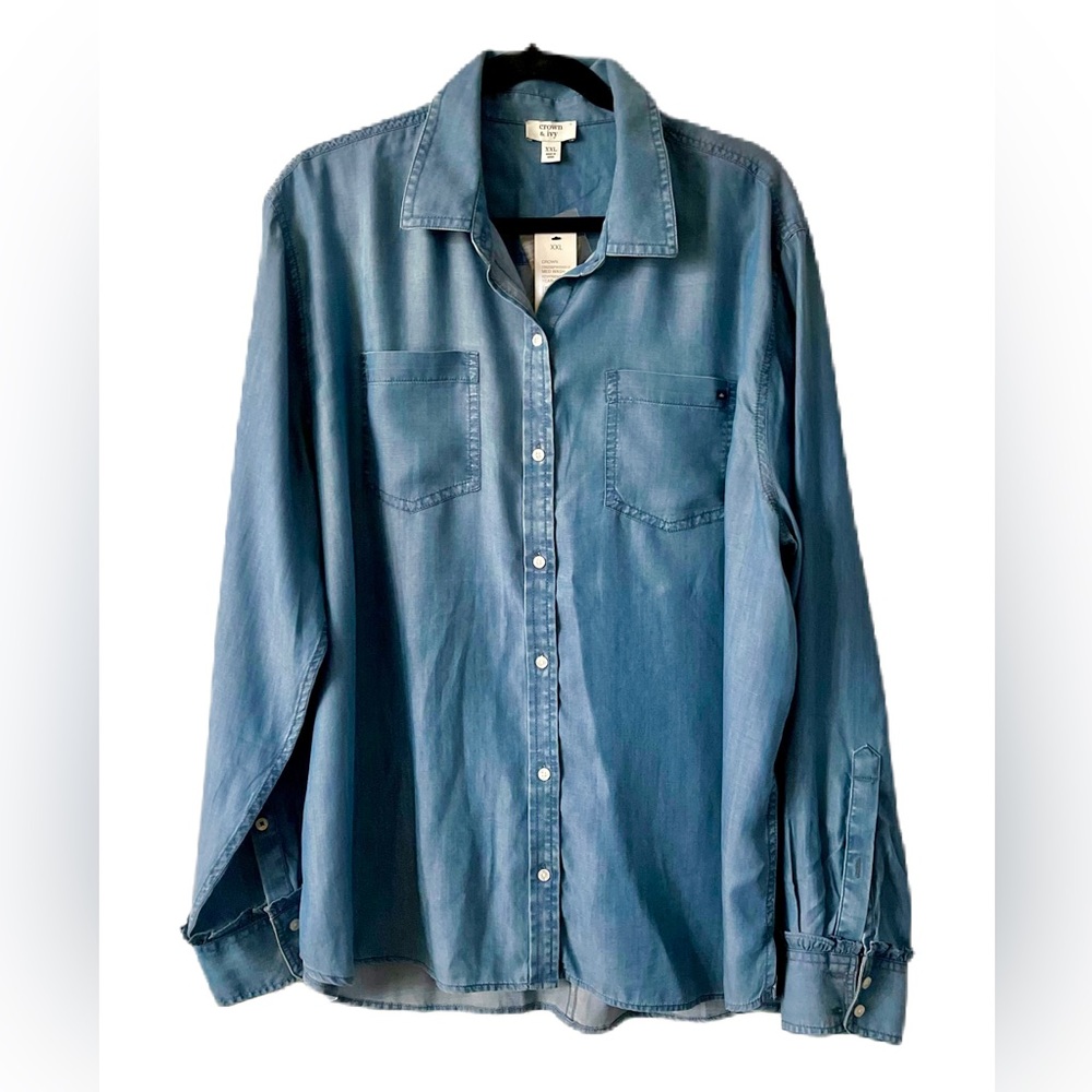 Blue Denim Style Button Down Shirt Long Sleeve Plus Size Top XXL